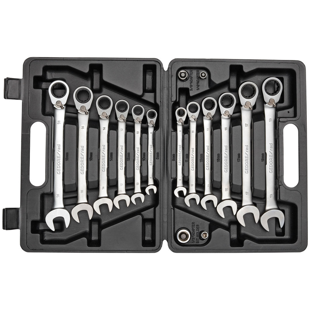 GEDORE red R07203016 - Juego de 12 llaves combinadas de carraca con 4 adaptadores para puntas y vasos