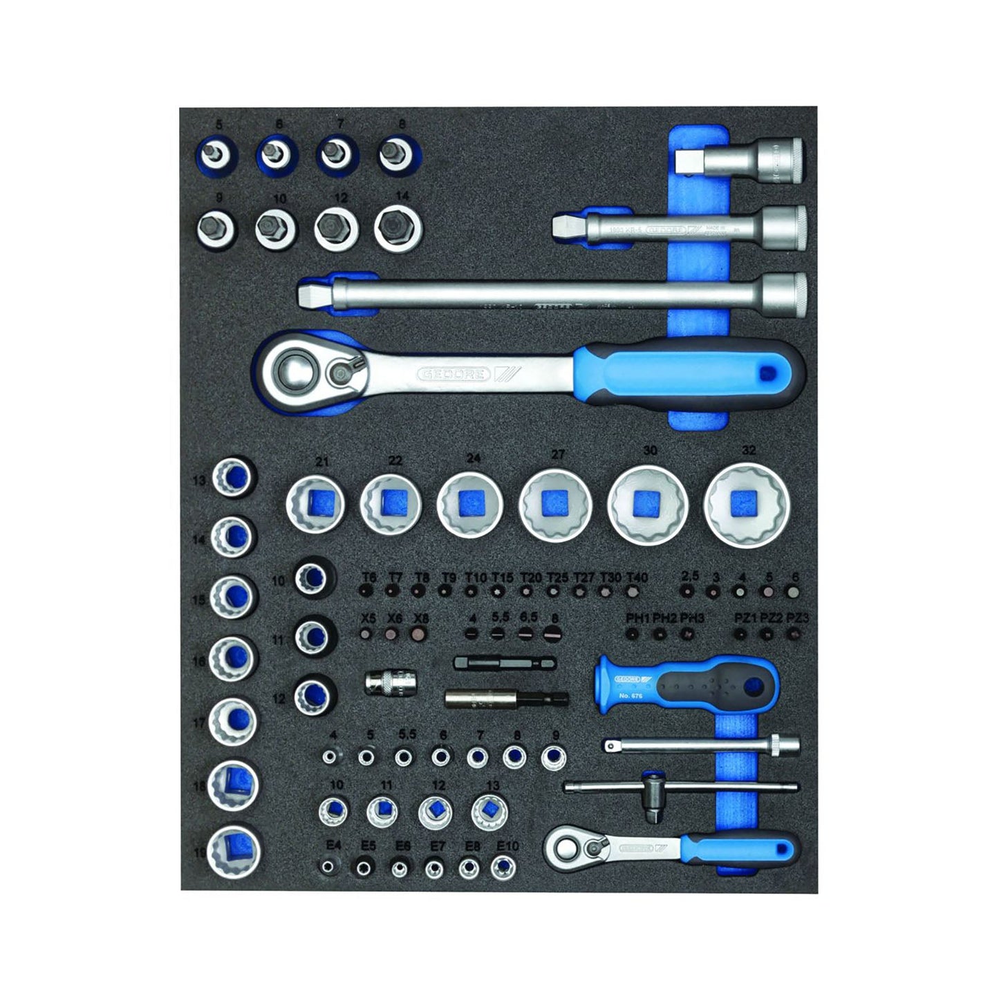 GEDORE TS CT2-D19-D20 - Juego de vasos y puntas de 1/4"+1/2" en módulo de espuma Check-Tool de doble cuerpo, 81 piezas