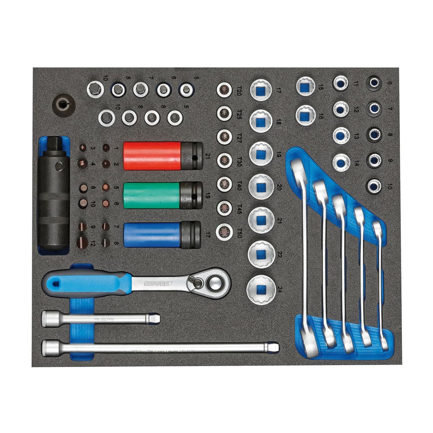 GEDORE TS CT2-D30 - Juego de puntas, vasos y accesorios de 3/8" y 1/2" en módulo de espuma Check-Tool de doble cuerpo, 59 piezas