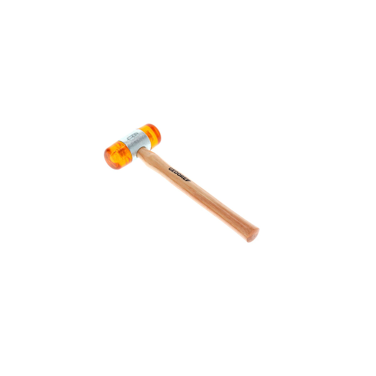 224 E - Martillos de bocas de plástico con mango de madera de fresno: Martillo con bocas cilíndricas naranjas translúcidas