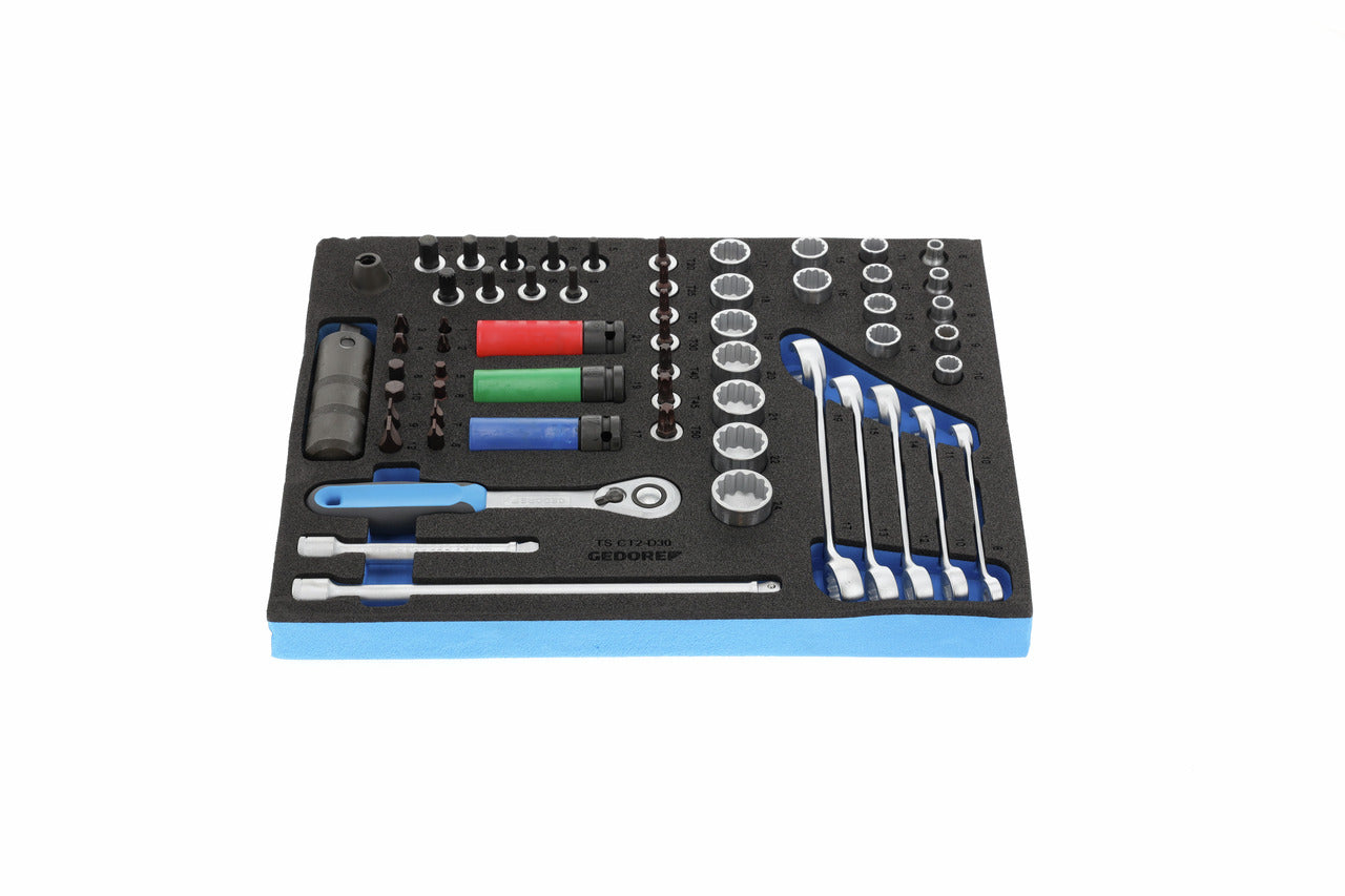 TS CT2-D30 - Juego de puntas, vasos y accesorios de 3/8" y 1/2" en módulo de espuma Check-Tool de doble cuerpo, 59 piezas