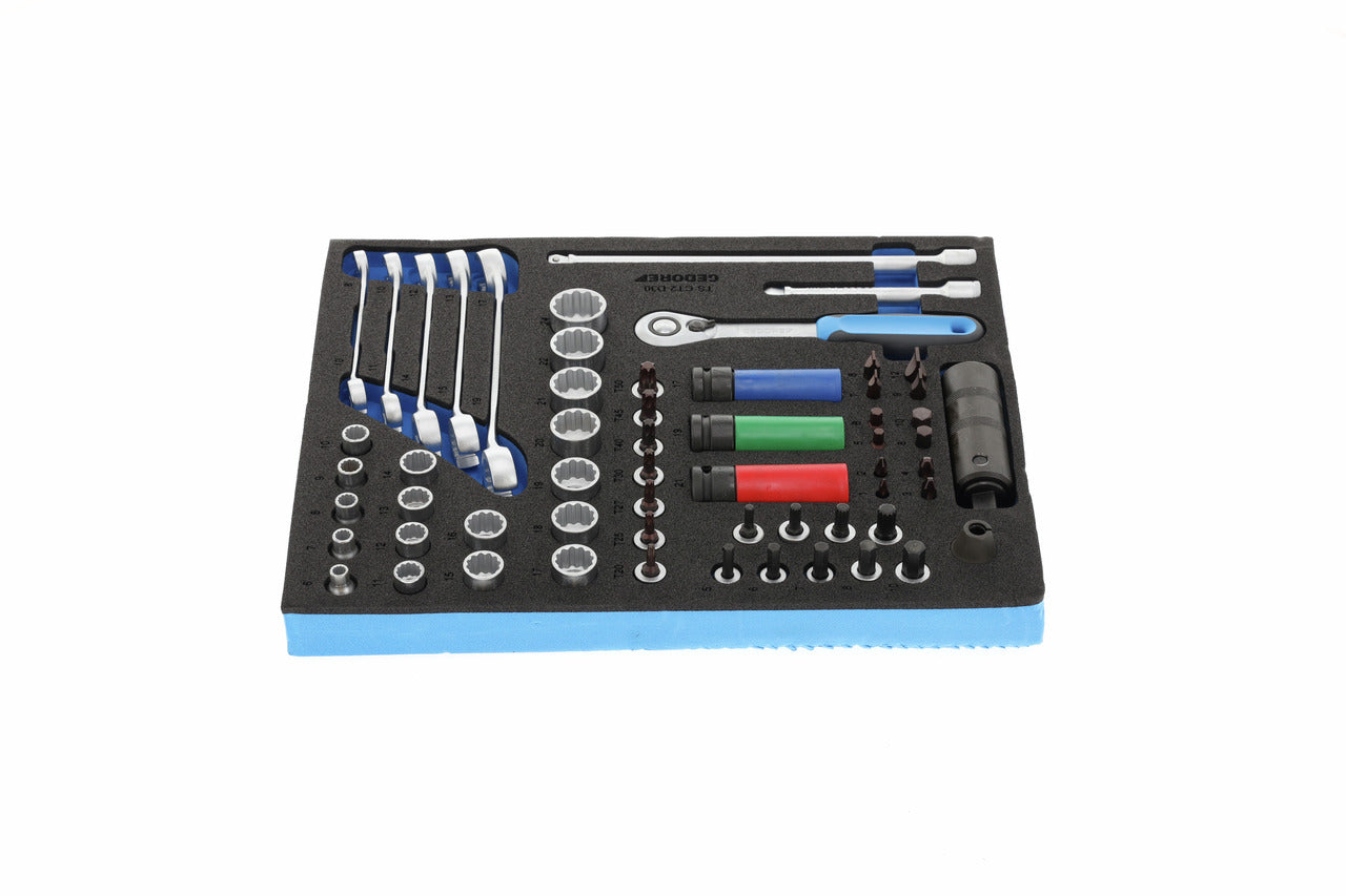 TS CT2-D30 - Juego de puntas, vasos y accesorios de 3/8" y 1/2" en módulo de espuma Check-Tool de doble cuerpo, 59 piezas
