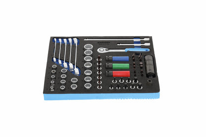 TS CT2-D30 - Juego de puntas, vasos y accesorios de 3/8" y 1/2" en módulo de espuma Check-Tool de doble cuerpo, 59 piezas
