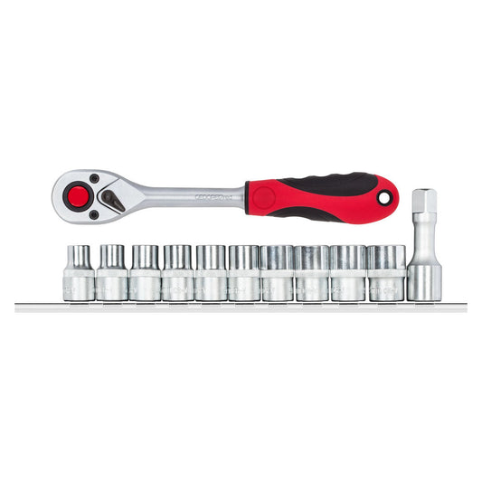 R69008012 - Llave de vaso + carraca 1/2" hexagonales con carril, 12 piezas