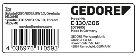 GEDORE E-130/206 - Husillo de recambio para 1.30/2