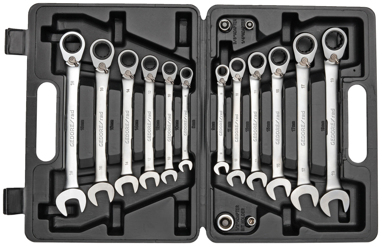 R07203016 - Joc de 12 claus combinades de carraca amb 4 adaptadors per a puntes i gots