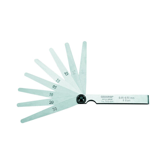 Assortiment de 13 galgues en forma de ventall de 0,05 a 1 mm.
